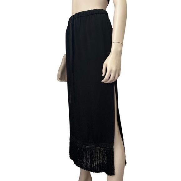 Zara Woman Black Satin Midi Skirt Fringe Tassel Hemline Pockets High Slit Leg - Picture 6 of 15